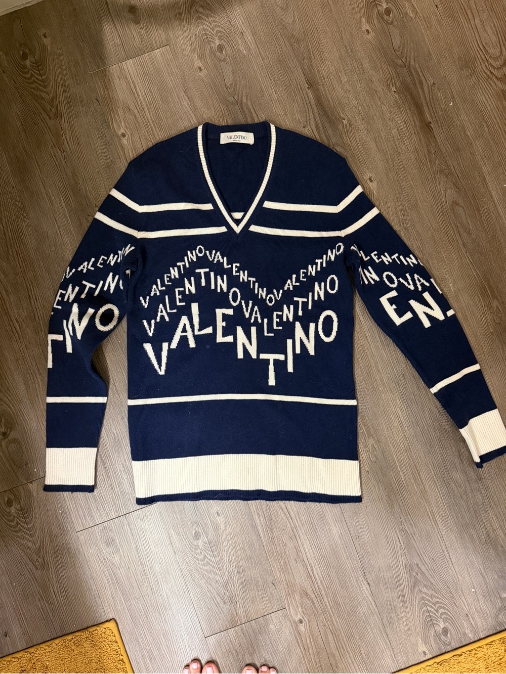 Valentino Navy & White Repeated-Logo V-Neck Sweater